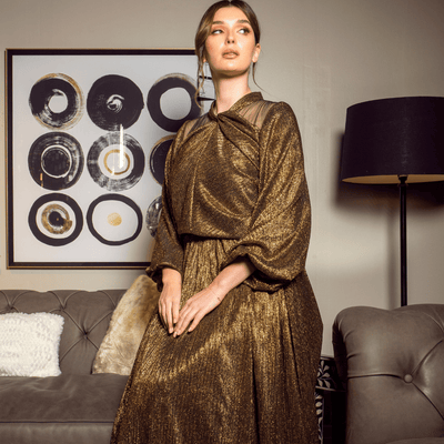 Gilded Shimmer Maxi Dress: Long Sleeve Metallic Lurex with Mesh Detail