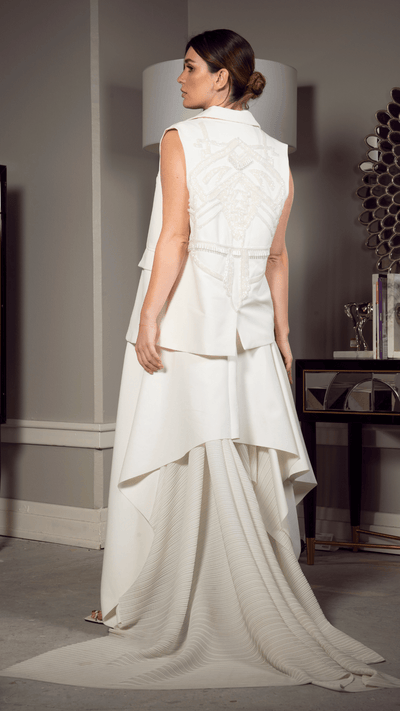 Architectural Ivory Set: Sleeveless Blazer Vest & Asymmetrical Pleated Skirt