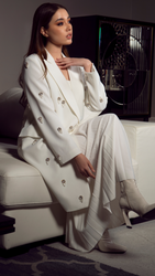 Alabaster Embellished Longline Coat: Double-Breasted with Crystal & Pearl Accents