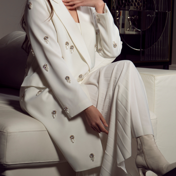 Alabaster Embellished Longline Coat: Double-Breasted with Crystal & Pearl Accents