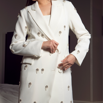 Alabaster Embellished Longline Coat: Double-Breasted with Crystal & Pearl Accents