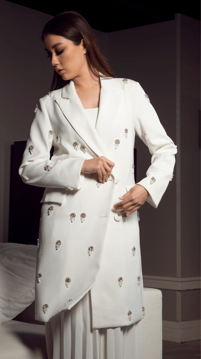 Alabaster Embellished Longline Coat: Double-Breasted with Crystal & Pearl Accents