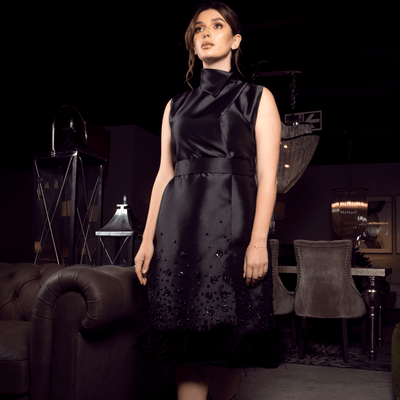 Noir Satin Midi Dress: High-Neck with Beaded Feather Hem