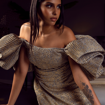 Gilded Brocade Mini Dress: Off-Shoulder with Sculptural Ruffle Sleeves