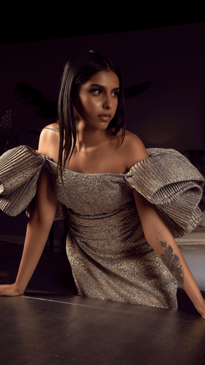 Gilded Brocade Mini Dress: Off-Shoulder with Sculptural Ruffle Sleeves
