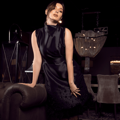 Noir Satin Midi Dress: High-Neck with Beaded Feather Hem