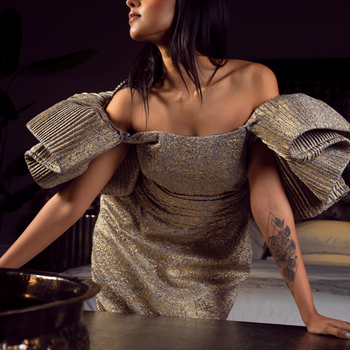 Gilded Brocade Mini Dress: Off-Shoulder with Sculptural Ruffle Sleeves