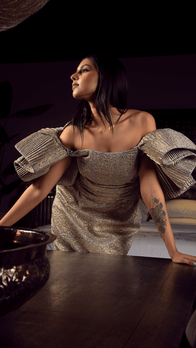 Gilded Brocade Mini Dress: Off-Shoulder with Sculptural Ruffle Sleeves