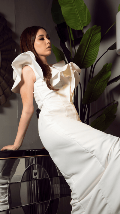 Sculptural White Column Dress: Deep-V with Oversized Ruffle Neckline