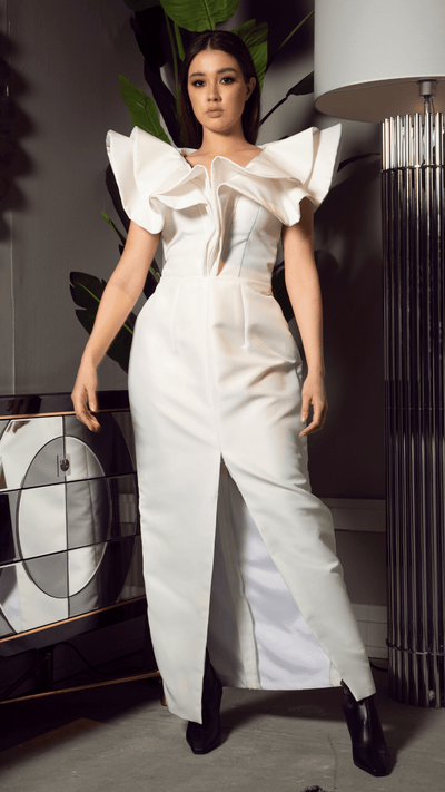 Sculptural White Column Dress: Deep-V with Oversized Ruffle Neckline
