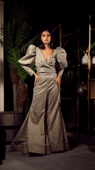 Metallic Brocade Statement Set: Puff Sleeve Wrap Top & Wide-Leg Trousers