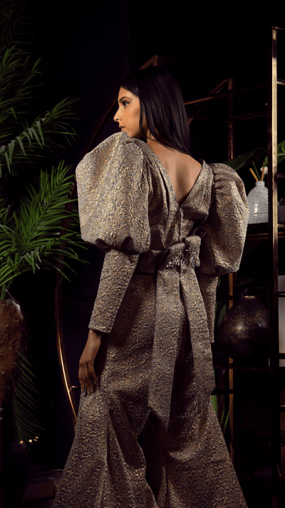 Metallic Brocade Statement Set: Puff Sleeve Wrap Top & Wide-Leg Trousers