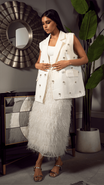 Ivory Bridal Set: Crystal-Button Blazer Vest & Ostrich Feather Maxi Skirt