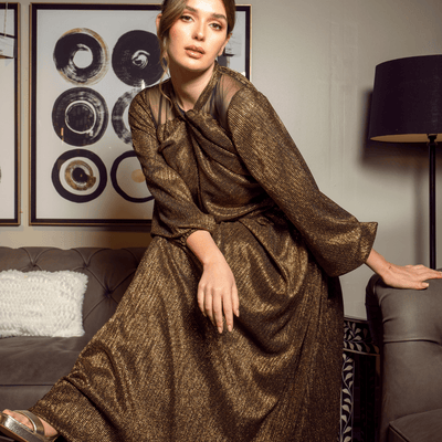 Gilded Shimmer Maxi Dress: Long Sleeve Metallic Lurex with Mesh Detail