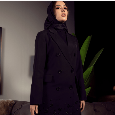 Noir Embellished Blazer Dress: Double-Breasted with Beaded Feather Hem