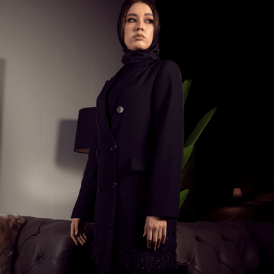 Noir Embellished Blazer Dress: Double-Breasted with Beaded Feather Hem