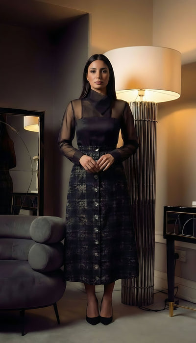 Noir Velvet Mermaid Gown: High-Neck with Oversized Architectural Ruffle Hem