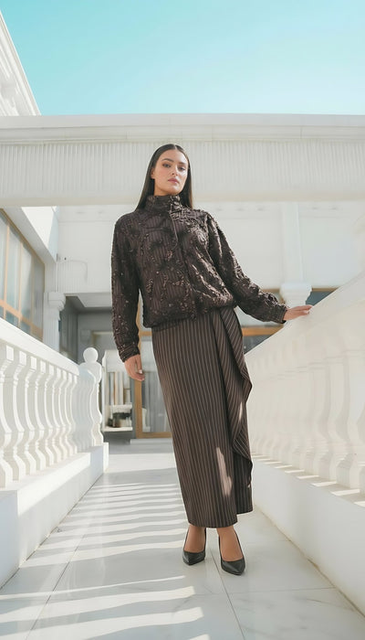 Noir High-Neck Maxi Dress: Sculptural Ruffled Sleeves with Crystal Belt