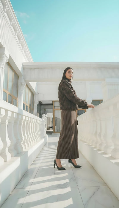 Noir High-Neck Maxi Dress: Sculptural Ruffled Sleeves with Crystal Belt