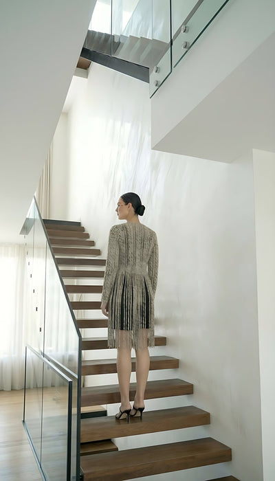 Noir Sculptural Midi Dress: High-Neck with Dramatic Accordion Pleat Skirt
