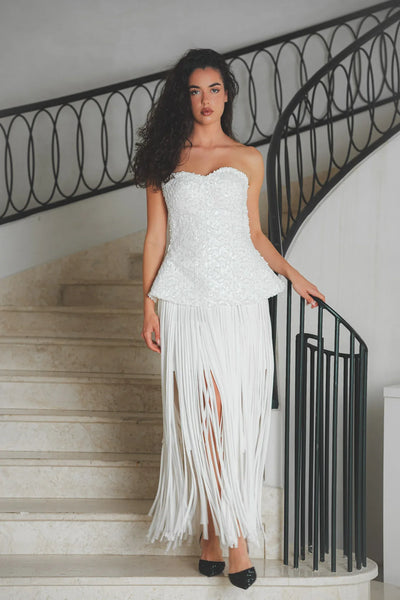 Luxury White Lace Dress with Flowing Fringe Skirt - Juzannia