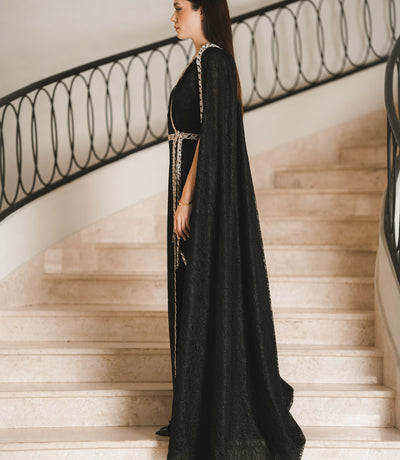 Silver-Trimmed Wrap Gown with Cape Detail