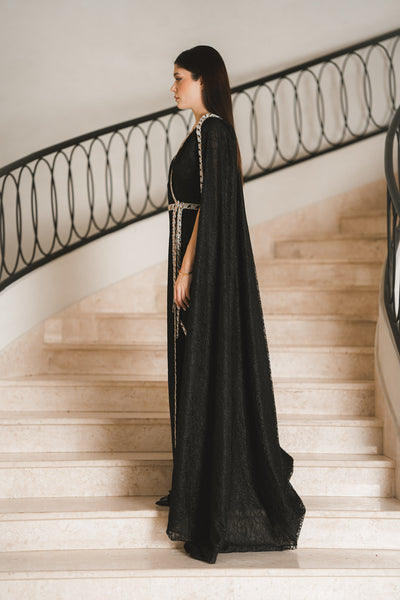 Silver-Trimmed Wrap Gown with Cape Detail