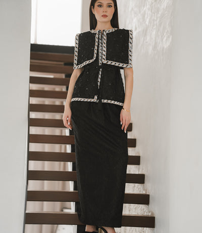 Structured Black Tweed Set with Silver Piping