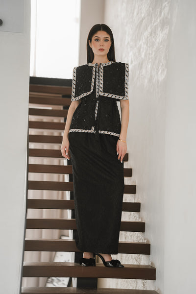 Structured Black Tweed Set with Silver Piping