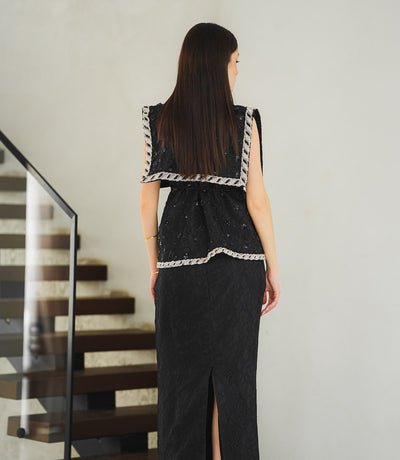 Structured Black Tweed Set with Silver Piping