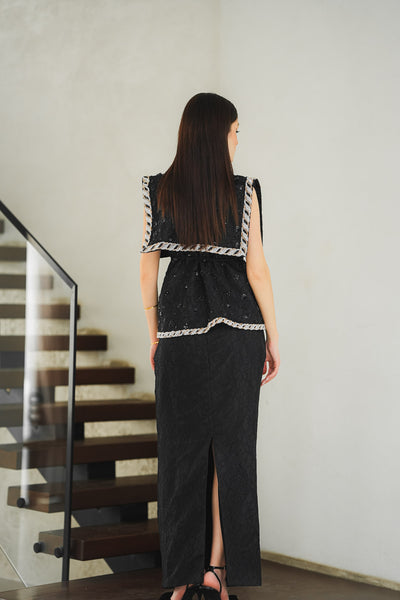 Structured Black Tweed Set with Silver Piping