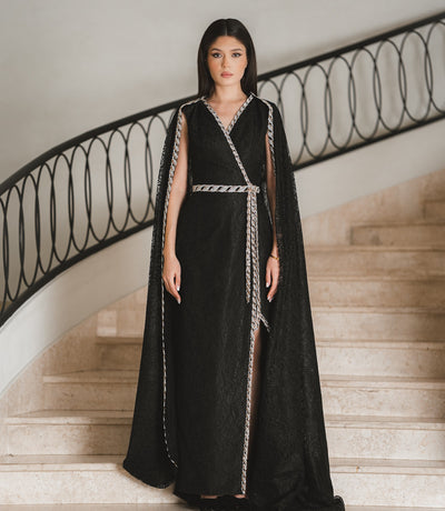 Silver-Trimmed Wrap Gown with Cape Detail