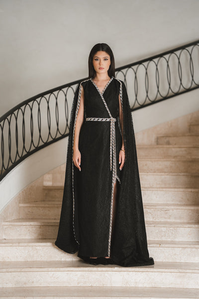 Silver-Trimmed Wrap Gown with Cape Detail