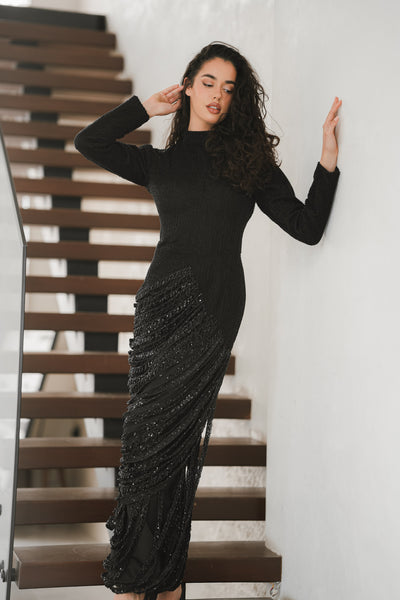 High-Neck Asymmetric Embellished Dress