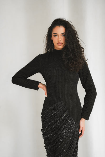 High-Neck Asymmetric Embellished Dress